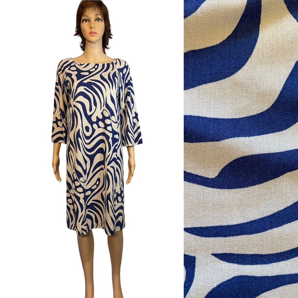 J McLaughlin M Rayon Knit Campbell Navy Beige Puddle Print Dress 159236 NWT